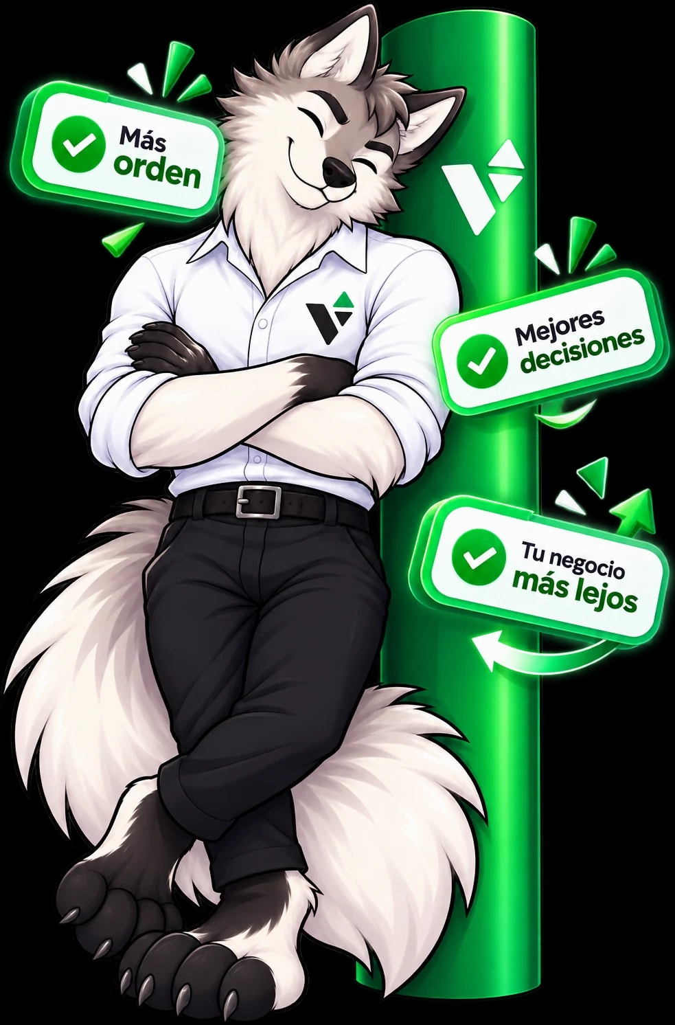 El lobo de Vecipp de brazos cruzados, apoyado en una caña de bambú, junto a tres insignias marcadas: «Más orden», «Mejores decisiones» y «Tu negocio más lejos»