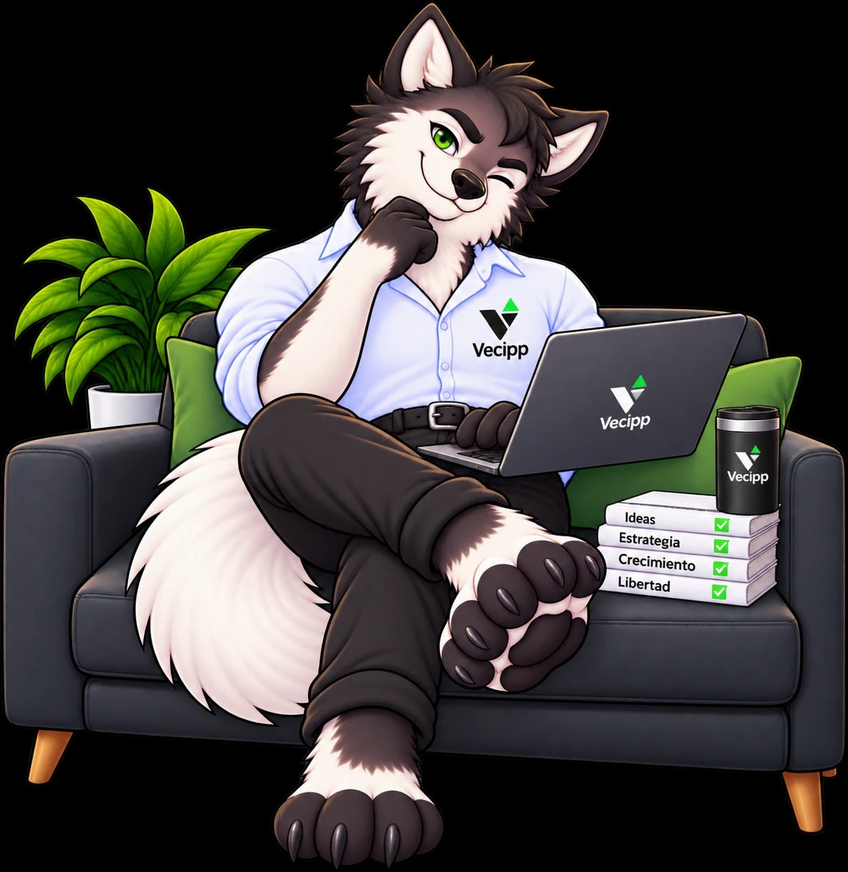 El lobo de Vecipp repantigado en un sofá con su portátil y un termo de la marca, junto a una pila de libros marcados: ideas, estrategia, crecimiento y libertad