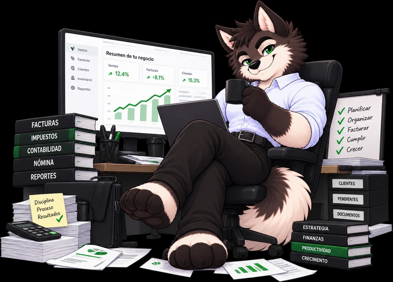 El lobo de Vecipp con todo bajo control en su oficina: sentado con su portátil y un café, la pantalla muestra el resumen del negocio con ventas, facturas y clientes al alza, y alrededor están los archivadores de facturas, impuestos, contabilidad, nómina y reportes y una lista marcada: planificar, organizar, facturar, cumplir y crecer